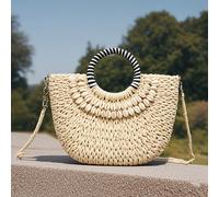 TEMU 1 pieza de bolso de paja tejido a de lujo con adornos de conchas, correa de y forro, para de playa de vacaciones, bolso de playa , adecuado para viajes de mujeres.