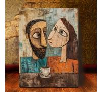 TEMU 1 pieza Mural en Enmarcado de Madera de Picasso "Pareja Tomando Café" - 30x39 cm Contemporáneo para Colgar para Dormitorio, y Comedor, 2D