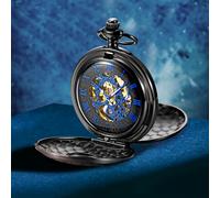 TEMU 1 Reloj de Bolsillo Mecánico Dorado con Esfera Azul y Colores Dorados, Collar Colgante , Adecuado para Hombres y Mujeres, Accesorio de Moda, Ideal para Regalos o Fiestas