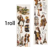 TEMU 1 Rollo/Bolsa de Cinta Decorativa, de Material PET, de la Serie Viaje de Luna a París, Papelería Temática para Diarios de Viaje