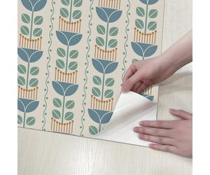 TEMU 1 Rollo de Papel Pintado Autoadhesivo Estilo Bohemio , Hoja de Lino Vinílico Azul Simétrico Impermeable y Antigrasa para Renovación de Dormitorio y Sala
