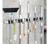 TEMU 1 soporte para mopa de acero inoxidable sin clavos, montaje en pared para la cocina, estante de almacenamiento versátil con ganchos para clip de mopa, ganchos utilitarios