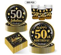 TEMU 100 piezas Decoraciones para de 50 en negro y dorado - Elegantes globos dorados y negros, , vasos, platos, servilletas, pancartas, de mesa - para el 50