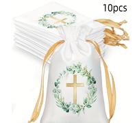 TEMU 10pcs Bolsas de Regalo de Satén para Bautizo con Cordón 4 x 6 Pulgadas, Bolsa Religiosa Adecuada para Regalos de Fiesta de Primera Comunión y Bautismo