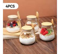 TEMU 11.96 oz Tazas de Vidrio, Juego de Vasos para Avena Nocturna 1/2/3/4 Piezas, para Ensaladas, Tarros para Avena, Recipientes con Tapas y Cucharas, Frascos de Vidrio para Chía, Púding, Yogur