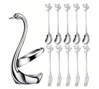 TEMU 11piezas Set, Silvery Swan Base Small Coffee Spoon Set, 5 Mini 4.8-Inch Coffee Spoons y 5 Dessert Forks, para Frutas y Cócteles, Perfectos de Té y Espresso