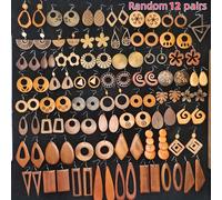 TEMU 12 Aleatorios de Aretes Largos de Madera Tallados a en Estilo Asiático, Forma Redonda/Hojas Huecas, Accesorios para Vacaciones de Otoño e Invierno