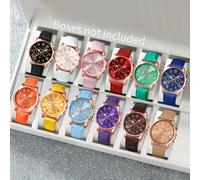 TEMU 12 piezas - Juego de Relojes Quartz Modernos para Hombres y Mujeres - Redonda en Aleación de , Correa Cuero, Sin Necesidad de Batería, Colores Variados con Pila Botón Incluida