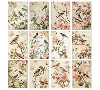TEMU 12pcs Serie Retro Material Papel a Tarjetas Plegables Realista Gorrión Flores Rosas de Papel