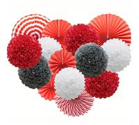 TEMU 14 piezas, Decoraciones de fiesta de papel colgantes rojas, juego de abanicos de papel redondos, pompones de papel y flores para el Día de San Valentín, cumpleaños, boda, Día de San Valentín