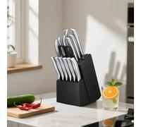 TEMU 15 piezas de bloque para cuchillos, juego de cuchillos autoafilables con mango ergonómico y base de madera, set profesional de cuchillos de acero inoxidable afilados, color