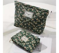 TEMU 1pc/2pcs set Bolsa de cosméticos para mujer con verde y estampado de flores blancas, bolsa de viaje portátil con cremallera, neceser para regalo femenino, ideal para almacenamiento y viajes