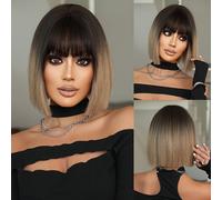 TEMU 1pc 7JHH Pelucas Elegante Peluca Bob Corta , Negro Ombre Marrón , Cabello Sintético Resistente al , Densidad 150%, Gorro de Red Rosa, Bob de Moda para Mujer con Flequillo, 12.2 Pulgadas