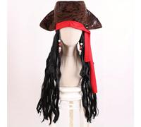 TEMU 1pc Accesorio de disfraz de pirata - Peluca de poliéster elegante con cabello largo y negro, pañuelo y sombrero tricornio para cosplay y juegos de , pieza de cabello festiva para vacaciones
