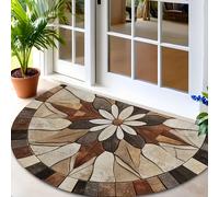 TEMU 1pc Alfombra de Bienvenida Semicircular Marrón Madera con Azulejos de Piedra Floral | Lavable a Máquina, Adecuada para Entrada, Cocina, Baño, - Poliéster Duradero, Respaldo de Goma