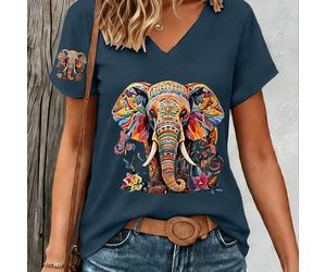 TEMU 1pc Camiseta de Manga Corta Estampado de Elefante y Paisley, Estilo Y2K, Deportiva para Mujer, Elegante, Cómoda y Transpirable, Cuello en V, Casual y Versátil para el Verano
