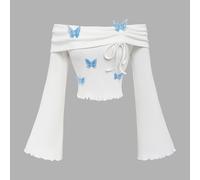 TEMU 1pc Camiseta de mujer blanca con hombros descubiertos y acampanadas con adornos de mariposas azules, ribete con volantes, tejido de punto de poliéster, normal, top de moda para todas .