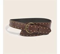 TEMU 1pc Cinturón Vintage Marrón de Cuero Sintético PU con Remaches - Estilo Retro Ancho para Vestidos y Faldas, Ideal para Playa, Salidas Nocturnas o Uso Casual en de