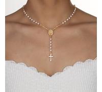 TEMU 1pc Collar de Rosario Católico Vintage para Mujer - Colgante de Cruz en Tono con y Cadena de Y, Regalo Religioso para Uso Diario, Fiestas, de - Aleación Duradera y Cuentas de Perla (Sin Baño)