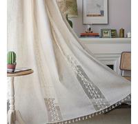 TEMU 1pc Cortina Decorativa Bohemia de Encaje con Recortes, Estilo Granja Americana para Sala, Dormitorio o Cocina, Bolsillo para Barra, de Encaje Grande y Beige