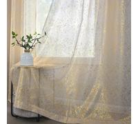 TEMU 1pc Cortina Dorada - Diseño Artístico con Follaje de Oro, 100% Poliéster Semi-Transparente para Sala y Dormitorio, Decoración Festiva con Ojales, Lujosa y