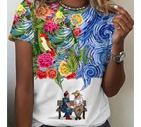 TEMU 1pc Elegante camiseta de manga corta con estampado de flores y pájaros impresas en 3D para mujeres, parte de poliéster de tejido casual con de elasticidad, moda para todas
