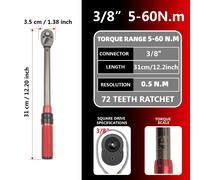 TEMU 1pc GYD Llave de torsión mecánica de metal, accionamiento de 3/8", preajuste de 5-60 N.m, piñón de 72 dientes, rápida, para reparación de motocicletas/coches/llantas, no requiere batería
