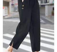 TEMU 1pc Pantalones de cintura y pernera ancha para mujeres de color sólido elegante, tejido no elástico con de botón lateral y abertura frontal, moda de temporada de otoño