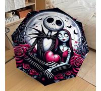 TEMU 1pc Paraguas de Navidad Jack & Sally - 8 Varillas Reforzadas, /Cierre Automático, Plegable y con Mango de Plástico, Diseño Gótico en Tim con y Rosas - Regalo para Fans, Accesorio de Moda al