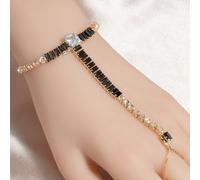 TEMU 1pc Pulsera de Dedo para Mujer con Cadena Larga Rectangular de Zirconia Artificial y Cuentas de Cobre con Estrás, Accesorios para y Fiestas