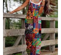 TEMU 1pc Traje de mujer bohemio estampado tribal, poliéster 100%, tejido no elástico, ajuste suelto, pierna , tirantes , estilo casual, de bolsillo, tejido, para /verano/otoño