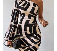 TEMU 1pc Vestido ajustado con estampado geométrico para mujer, cuello asimétrico sexy, tejido de punto de poliéster, diseño de un , versátil para todas .