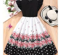TEMU 1pc Vestido midi de flores para niñas - Poliéster con cuello de tripulación con de botón, ajuste casual suelto, tejido no elástico, moda //otoño para niños
