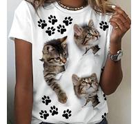 TEMU 1pc WhimsyCat Mujer Camiseta casual de poliéster con diseño de gato y de pata 3D, cuello , tejido de punto ligeramente elástico, comodidad para todas