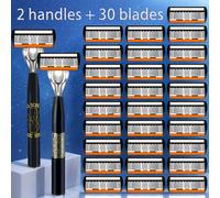 TEMU 2 + 30 Cuchillas de Repuesto para el Manual de 6 Capas Súper Afilada, una de Afeitar de Seguridad de Acero Inoxidable para Hombres con un Agarre Antideslizante, Ideal para Recortar y Depilación