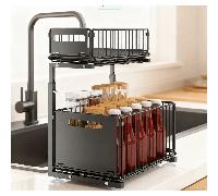 TEMU 2 Niveles de Almacenamiento Fregadero, Organizador Deslizante Metálico, 2 Capas en Cajón Móvil Multiusos para Cocina y Baño con Gran Capacidad Ajustable por Altura