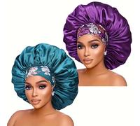 TEMU 2-Pack Gorras de Seda para Dormir para Mujeres, Banda Elástica Ancha, Poliéster, Moda y Amigable con la Piel, Lavar en Máquina, Estampado de Aleatorio,