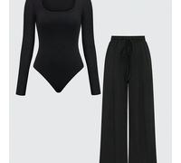 TEMU 2 piezas, Body de Cuello Cuadrado con Largas y Pantalones con Cordón, Conjunto Deportivo Casual para Mujer