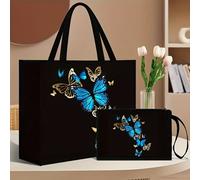 TEMU 2 piezas Conjunto de bolsa de de tote con estampado de y , cierre de snap magnético, material de lona duradera, diseño plegable para compras y viajes - instrucciones de cuidado