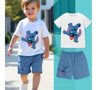TEMU 2 piezas, conjunto de camiseta y pantalones cortos de Disney, estampado de Stitch, cuello manga corta, ropa para niños, tejido , adecuado para regalos para niños, para exterior