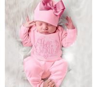 TEMU 2 Piezas Conjunto de Ropa para Bebé Niña Recién Nacida - Body Larga Estampado Lavanda y Gorro con Moño | Romper Cuello "Hello World" , Teñible en Maquina Primer Outfit Todo Tela Transpirable