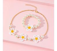 TEMU 2 piezas de accesorios bordados con flores de , de perlas, pulsera elástica con cuentas, collar ajustable, conjunto de regalo para hija, para fiestas de y festivales de .