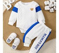 TEMU 2 piezas de camisa de larga con estampado tejido y parche de oso para niños + 'Chico ' pantalón de bloque de color bordado conjunto otoño invierno ropa deportiva casual , para exteriores
