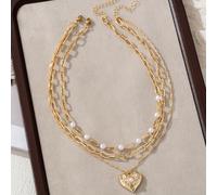 TEMU 2 piezas de collares de moda, elegante collar de mujer con colgante de amor, de perlas, collar de capas múltiples, accesorios de joyería para fiestas y banquetes.