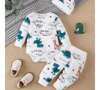 TEMU 2 piezas de conjunto de ropa para bebés y niños pequeños, con estampado de dibujos animados, body de larga, gorro y pantalones casuales, ropa para exteriores