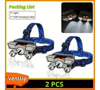 TEMU 2 piezas de linterna frontal recargable con 5 LED, banda elástica azul ajustable, regulable, batería incorporada, 4 de iluminación, adecuada para pesca, senderismo y emergencias nocturnas