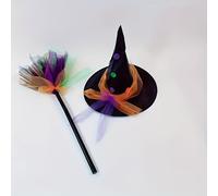 TEMU 2 piezas, Lindo conjunto de disfraz de bruja de Halloween, colorido y encantador, ropa de disfraz de fibra lavable a , con tema de personaje, con un y una escoba vibrantes, sin batería