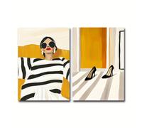 TEMU 2 piezas/Set de Póster de Mujer & Zapatos, Impresión Artística Minimalista , Abstracto para la Pared, Decoración Femenina para , Póster de Mediados de con Rayas y , Tacones Altos , Sin