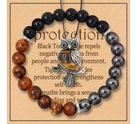 TEMU 2 Piezas/Set Pulsera de Triple Protección y Collar de Búhos: , Negra & 8mm Cristales Redondos (Pulsera Elástica de Piedras Sintéticas)