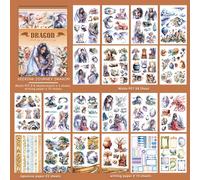 TEMU 20 Hojas Grandes Impermeables de Material Libro de Stickers Washi PET - Diseño con Ilustraciones Florales y de Dragones, para Scrapbooking, Junk Journals y Planificadores, Materiales para